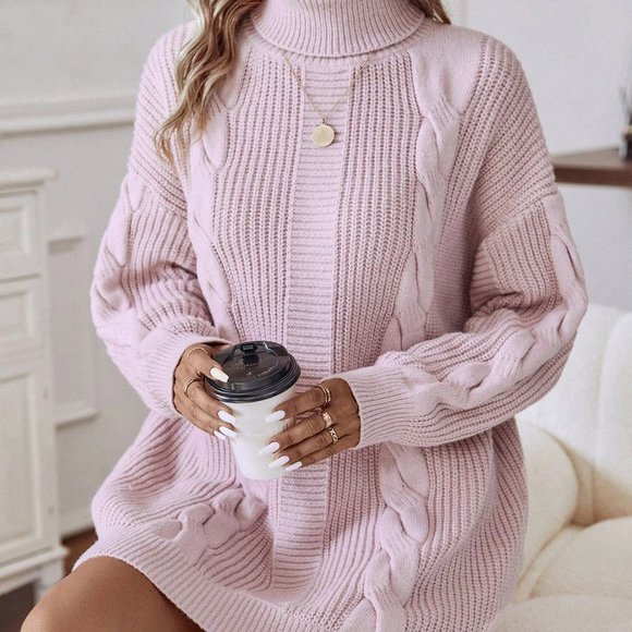 Baby Pink Casual Womens Turtleneck Cable Knit Drop Shoulder Sweater Dress